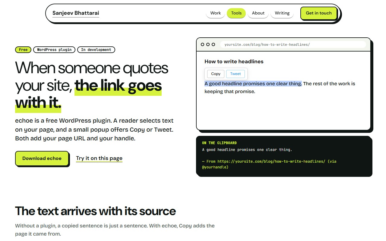 Screenshot of the redesigned echoe landing page