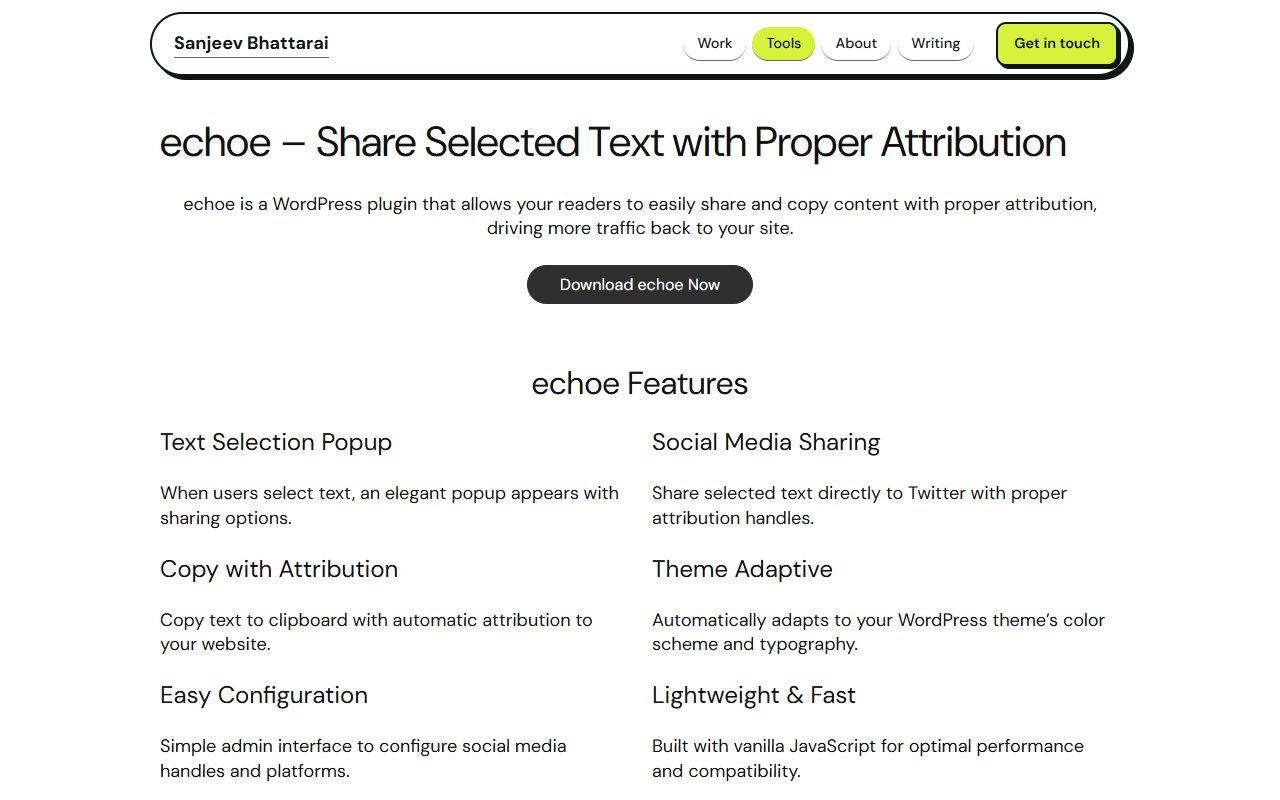 Screenshot of echoe: landing page