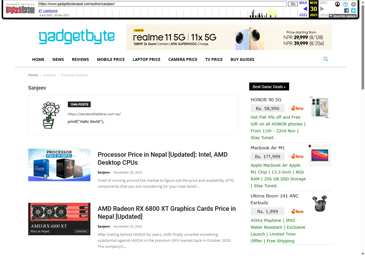 Archived GadgetByte author page from 30 November 2023
