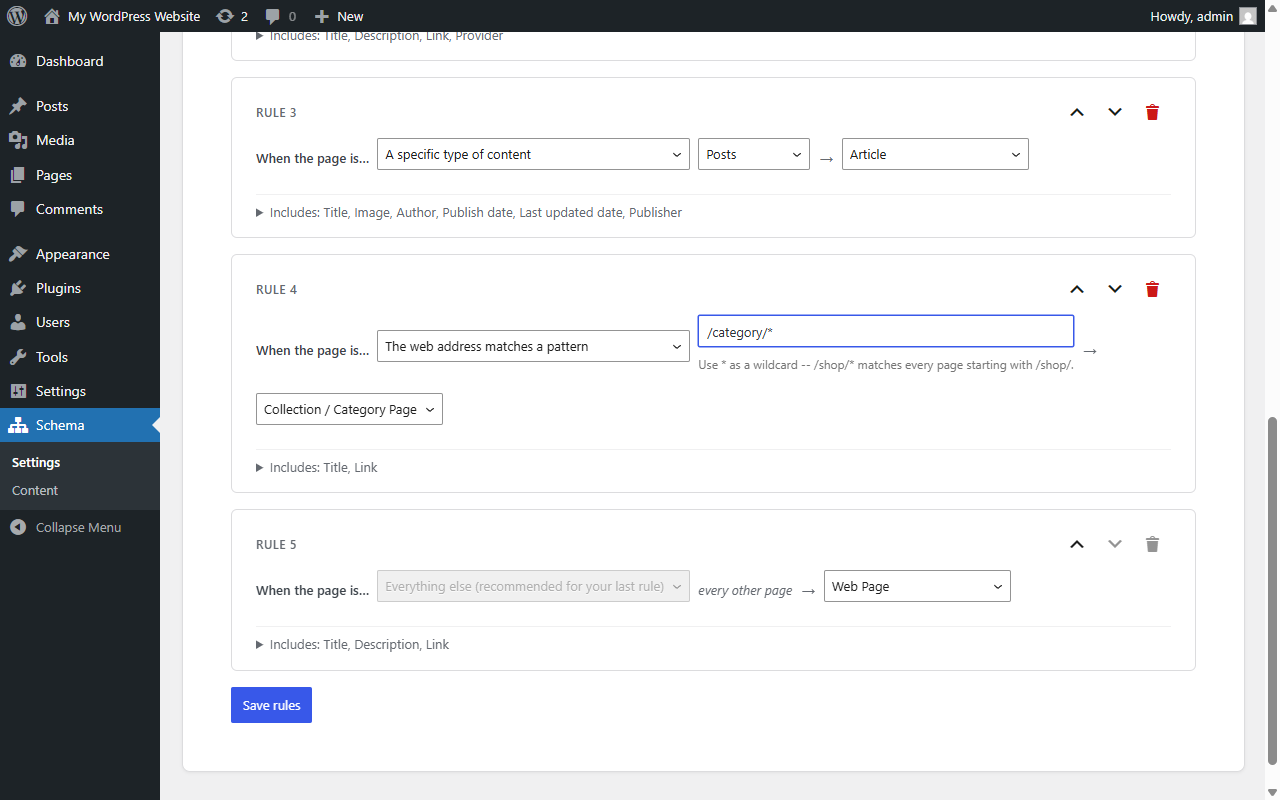 Schema Plugin Default rules screen with a new rule: web address matches /category/* and is tagged Collection / Category Page