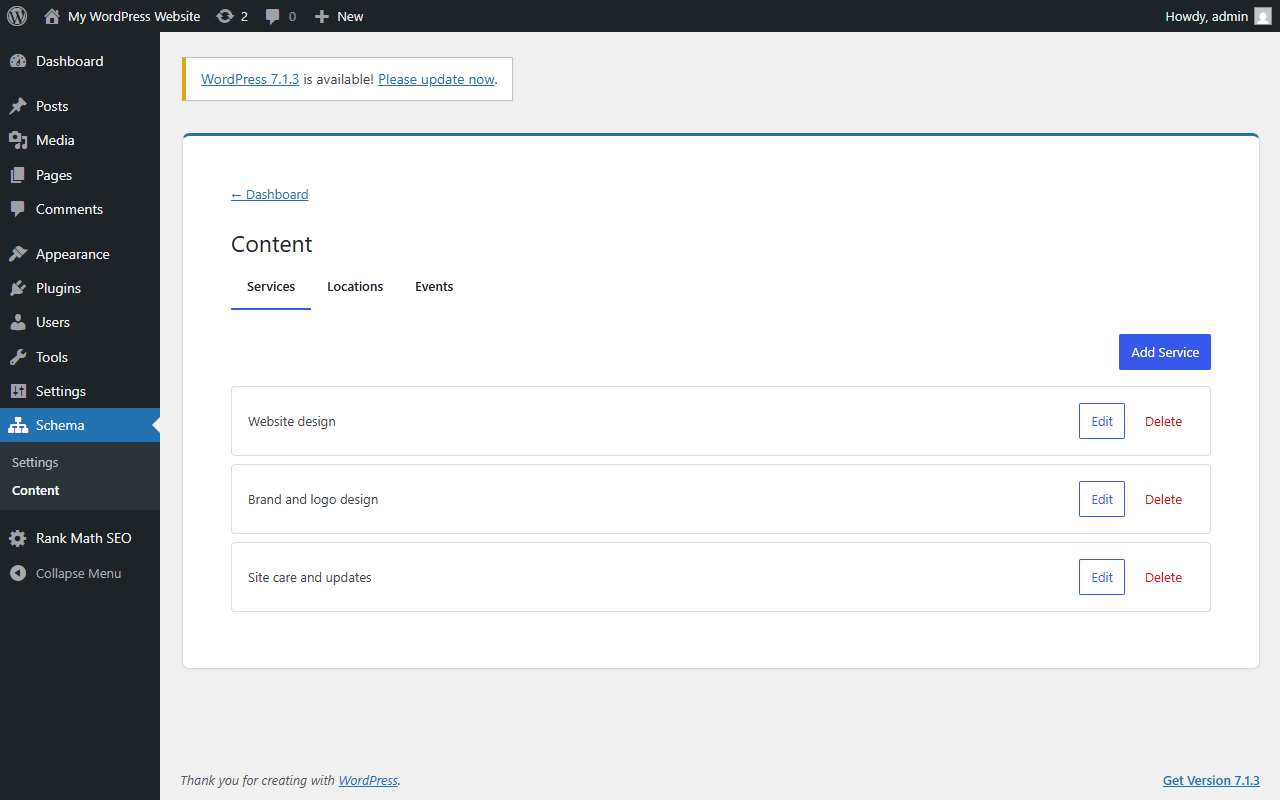 Schema Plugin Content screen listing three services: Website design, Brand and logo design, Site care and updates