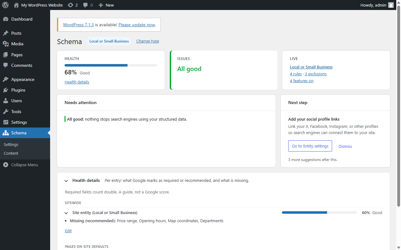 Schema Plugin dashboard with a 68 percent health score and health details listing missing recommended fields: price range, opening hours, map coordinates and departments
