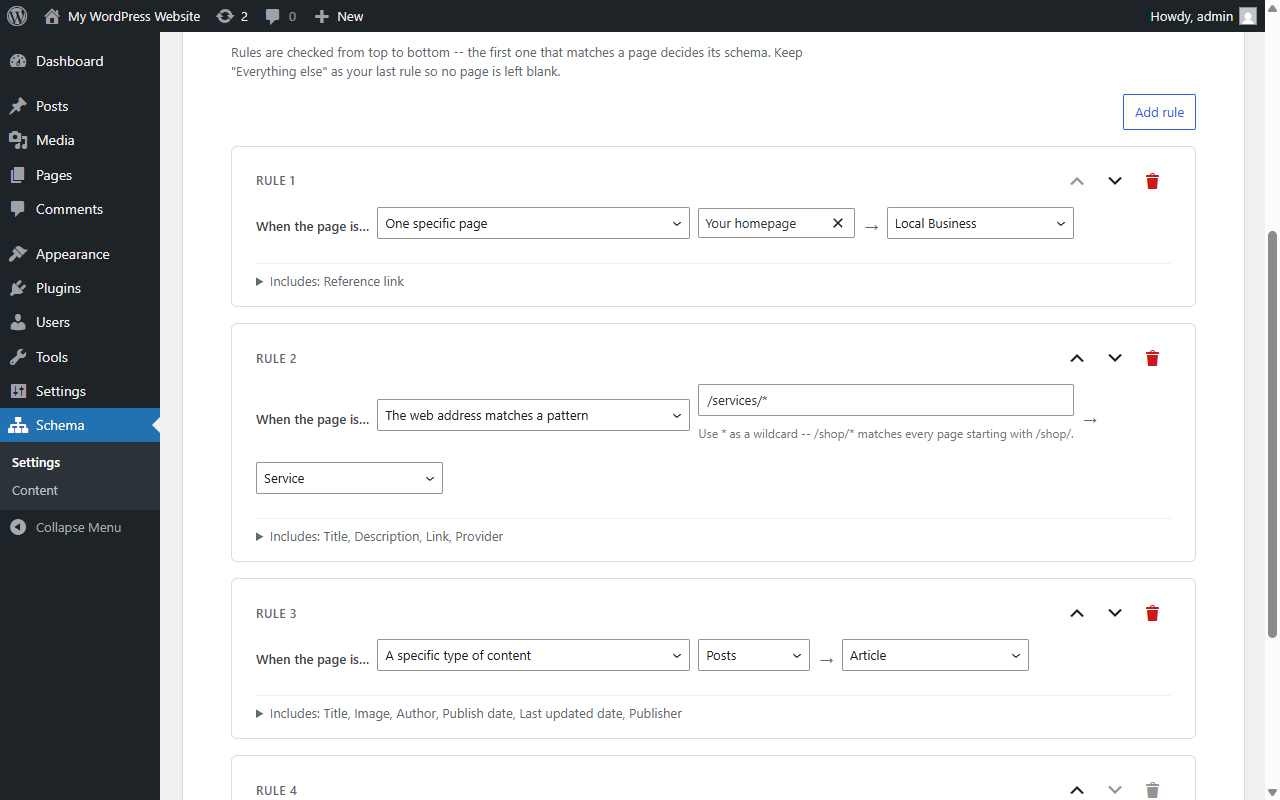 Schema Plugin Default rules: homepage tagged Local Business, /services/* tagged Service, Posts tagged Article