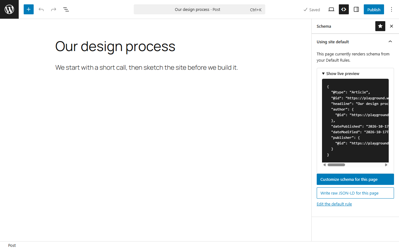 Block editor with the Schema Plugin panel open and the live JSON-LD preview showing an Article node for the page
