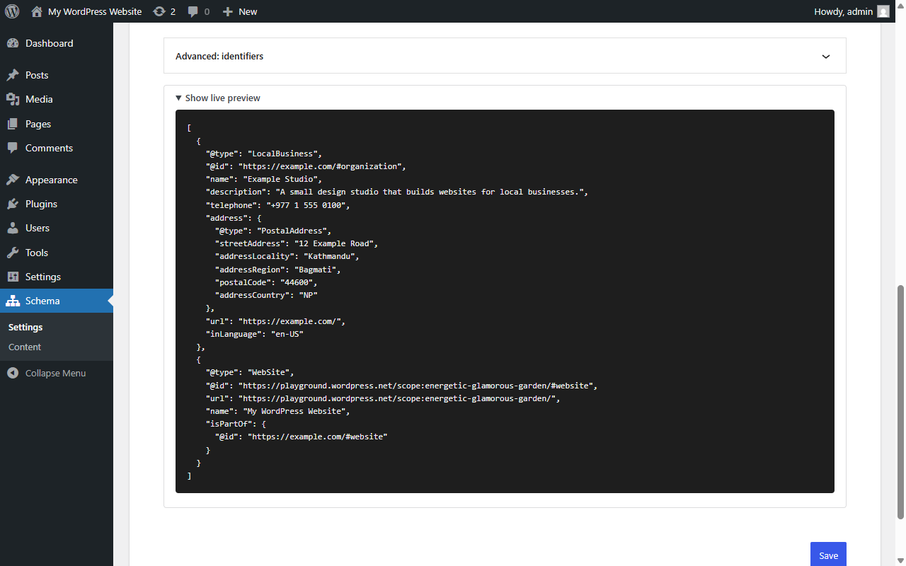 Schema Plugin Network Identity settings with the live preview: the entity @id is https://example.com/#organization and the WebSite node points to https://example.com/#website