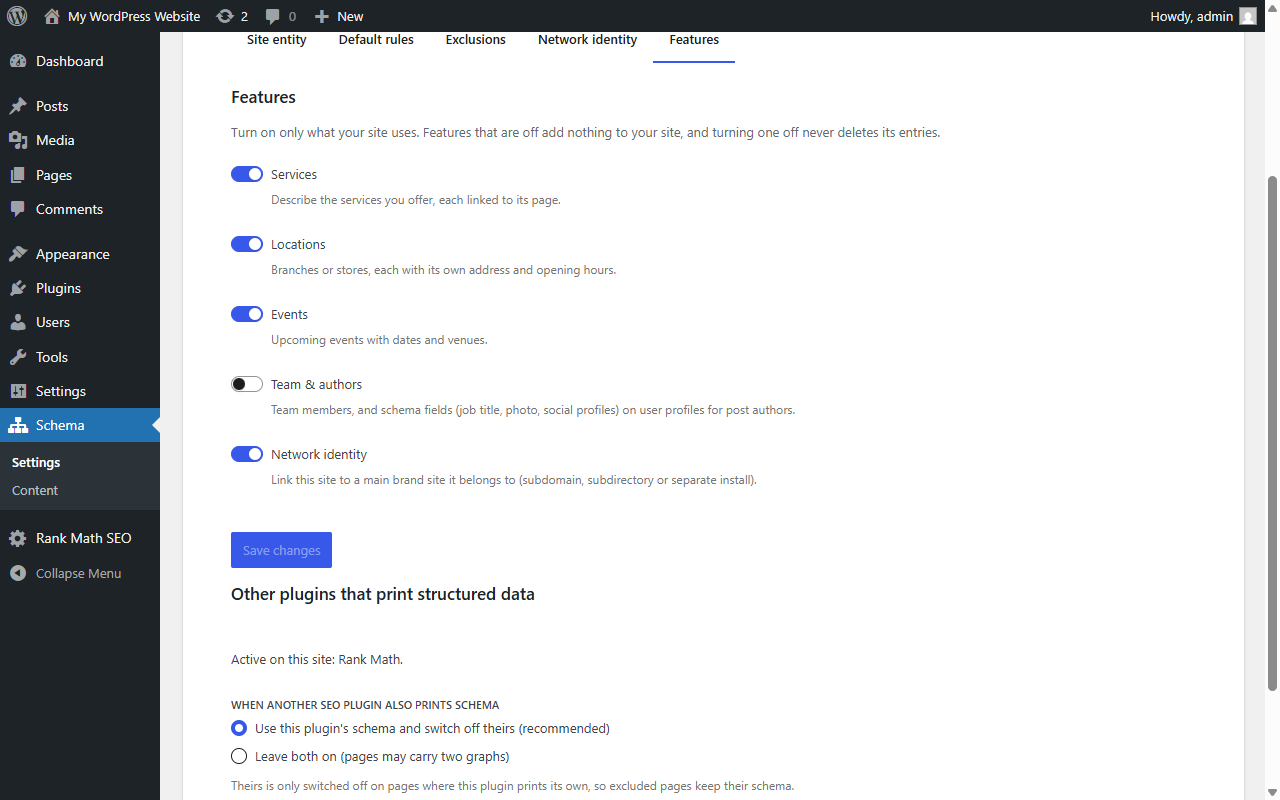 Schema Plugin Features screen with toggles for Services, Locations, Events, Team and Network identity, and a setting for when Rank Math also prints schema