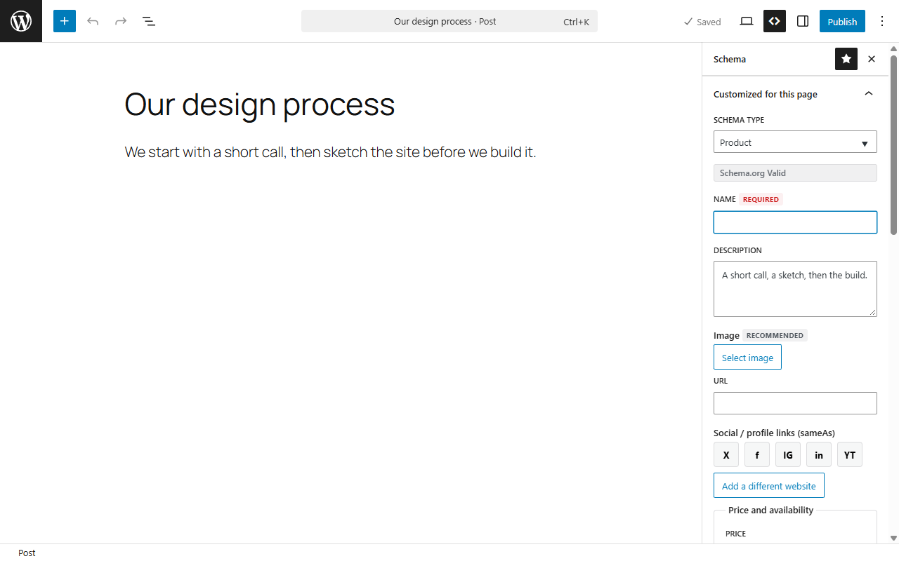 Schema Plugin panel in the block editor after switching a page to the Product type, showing Price, Currency and Availability fields and a Schema.org Valid check