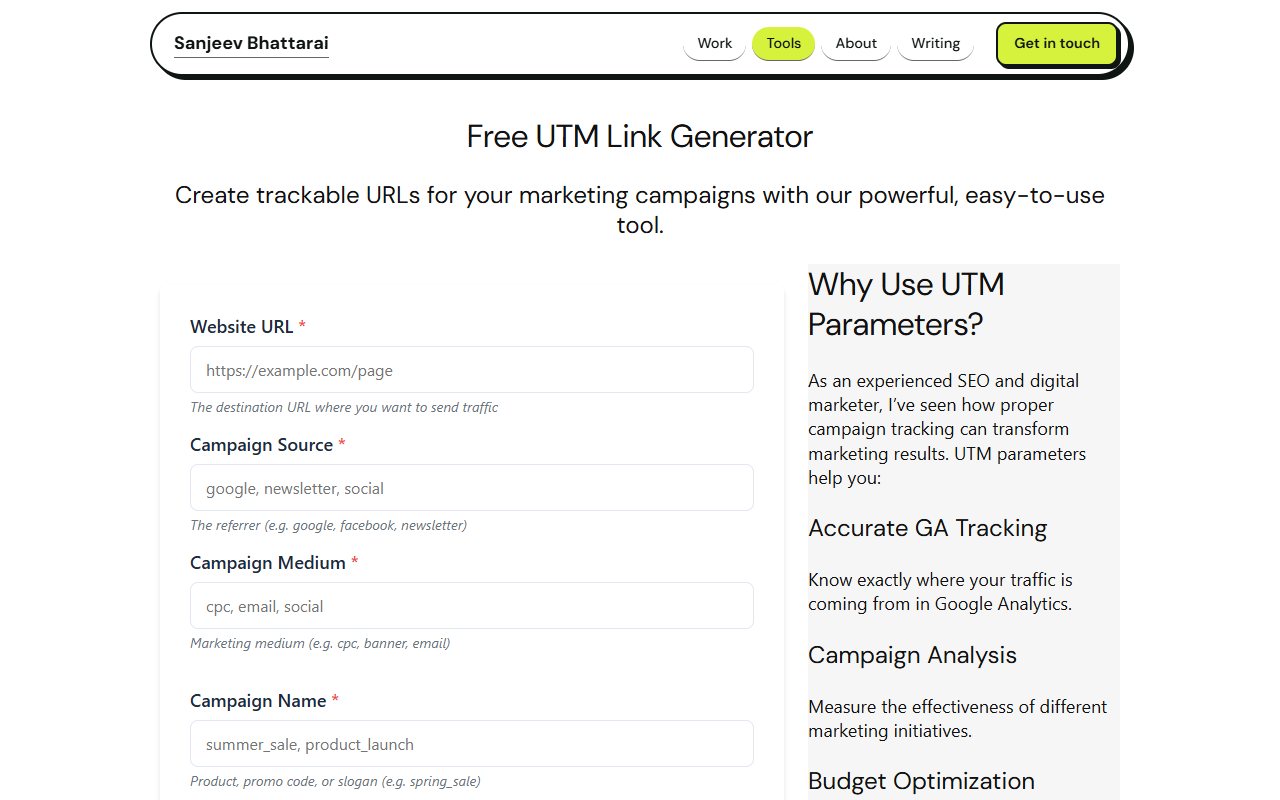 Screenshot of the free UTM link generator